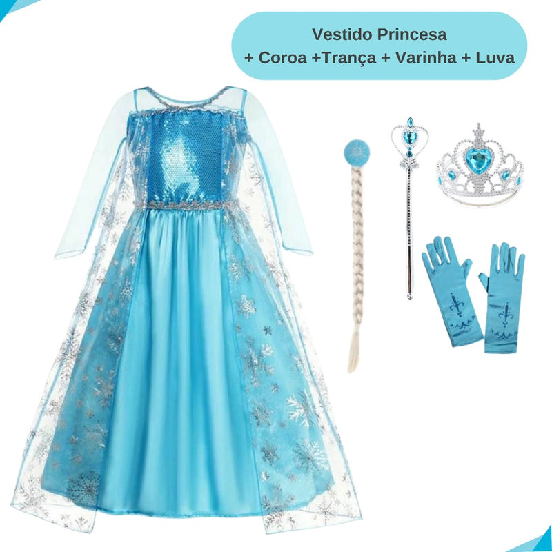 Fantasia Vestido Princesa Frozen Aniversario + Acessórios